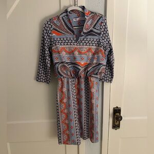 Gretchen Scott Designs Blue and Orange V-Neck 3/4 Sleeve Dress